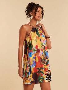 Vestido corto holgado con hombros al descubierto y estampado tejido para mujeres para vacaciones - Multicolor 10 - Ver 6