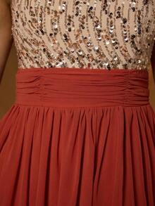 Vestido de noche de cuello redondo y halter nuevo de , vestido de gasa con abertura alta y parches de lentejuelas para fiesta - Champán - Ver 9