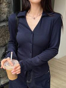 Camisa con botones delanteros sólidos, blusas de manga larga, ropa de otoño, blusas con estilo preppy - Azul marino - Ver 2