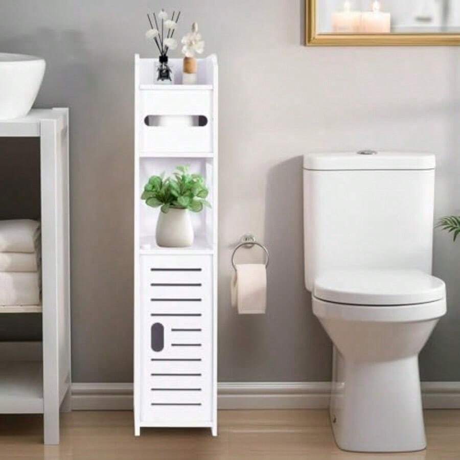 Armario para Papel higiénico, Armario pequeño para baño con Puertas y estantes, Delgado para baño Espacios pequeños Esquina Suelo - Blanco - Ver 1