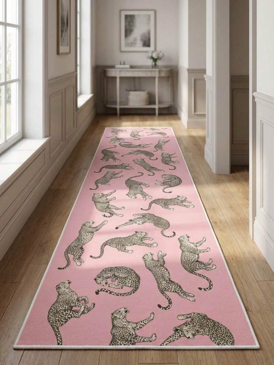 1pc Pink Background Cheetah Pattern Long Doormat, Personalized Style Hallway Decor Mat, Practical, Multiple Sizes Available, Corridor Long Carpet, Carpet, Long Carpet, Area Small Rug, Mat, Home Decor, Area Rug, Living Room Area Rug, Living Room Home Decor, Room Decor, Washable Carpet