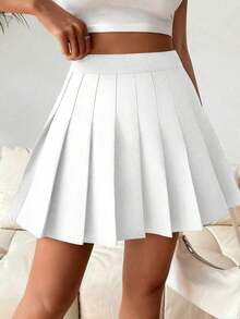 Falda pantalón casual de talle alto con pliegues y rayas para mujer - Blanco - Ver 4