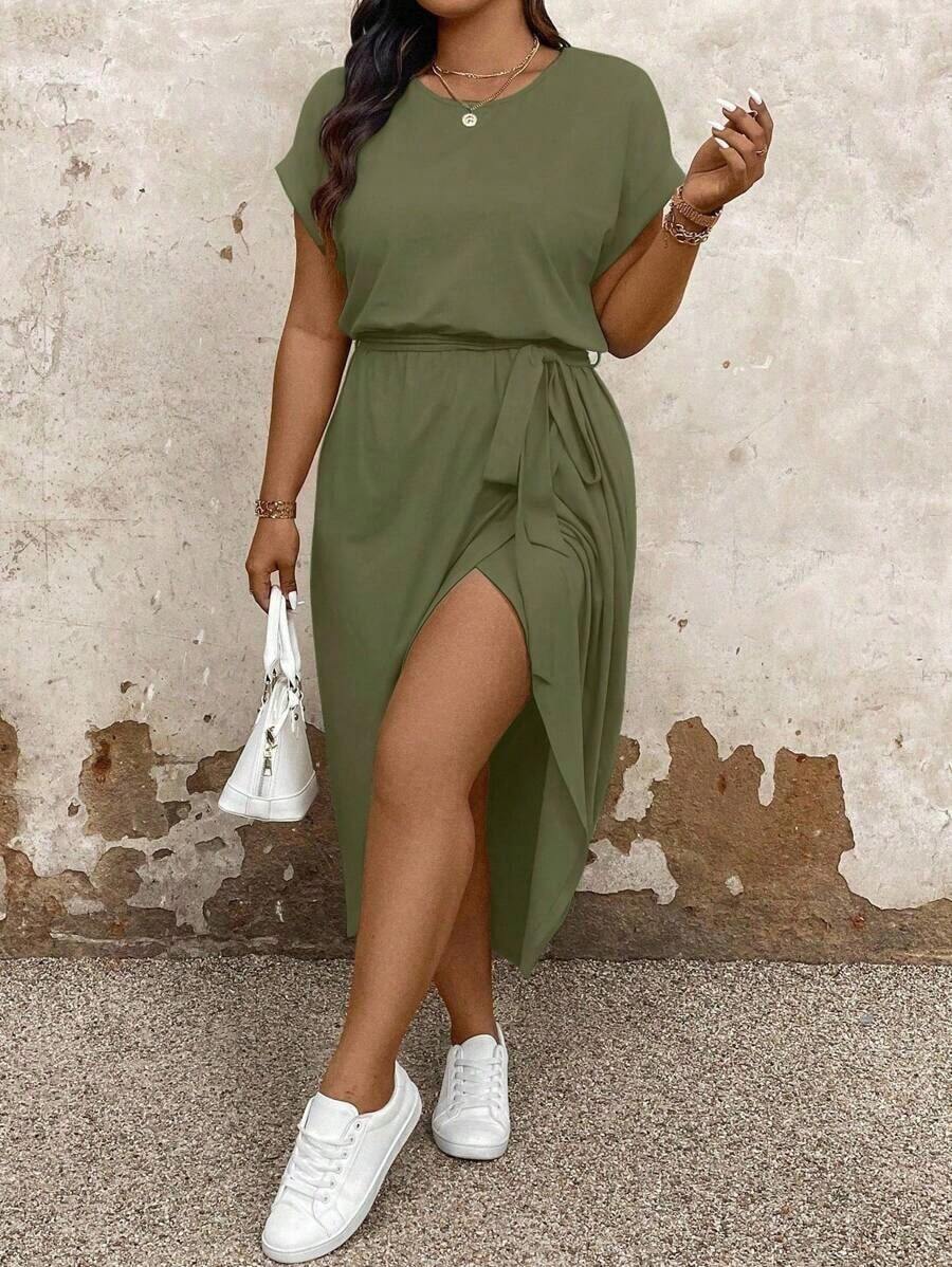 Vestido casual de talla grande para mujer con cuello redondo, manga corta tipo murciélago y bajo asimétrico.Vestido largo de verano para mujer - Verde militar - Ver 1