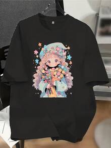 Camiseta de Cuello Redondo con Estampado Moderno, Top Casual de Manga Corta para Primavera y Verano, Ropa de Mujer - Negro - Ver 6