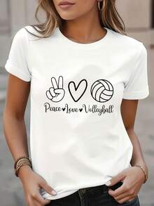 Camiseta casual de voleibol para mujer con gráfico - Manga corta y cuello redondo, ligera y lavable a máquina, perfecta para vacaciones de primavera y verano, ropa casual con diseño de voleibol y textura suave - Negro - Ver 1