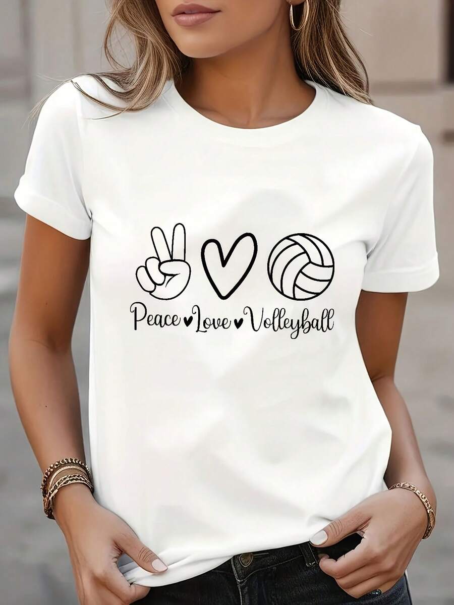 Camiseta casual de voleibol para mujer con gráfico - Manga corta y cuello redondo, ligera y lavable a máquina, perfecta para vacaciones de primavera y verano, ropa casual con diseño de voleibol y textura suave - Negro - Ver 1