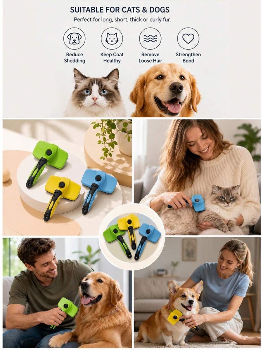 宠物梳毛刷,自清洁去毛刷,犬猫按摩刷,温和护理,易于清洁,耐用宠物美容工具 - 彩色 - 查看 1