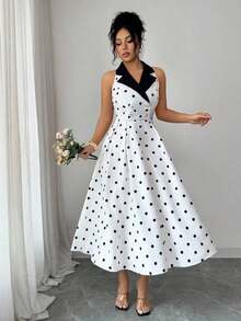 Vestido de verano de longitud media sin mangas con estampado de lunares, elegante y apropiado para ir al trabajo - Multicolor - Ver 3