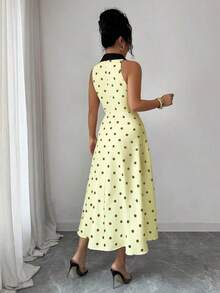 Vestido de verano de longitud media sin mangas con estampado de lunares, elegante y apropiado para ir al trabajo - Amarillo - Ver 2