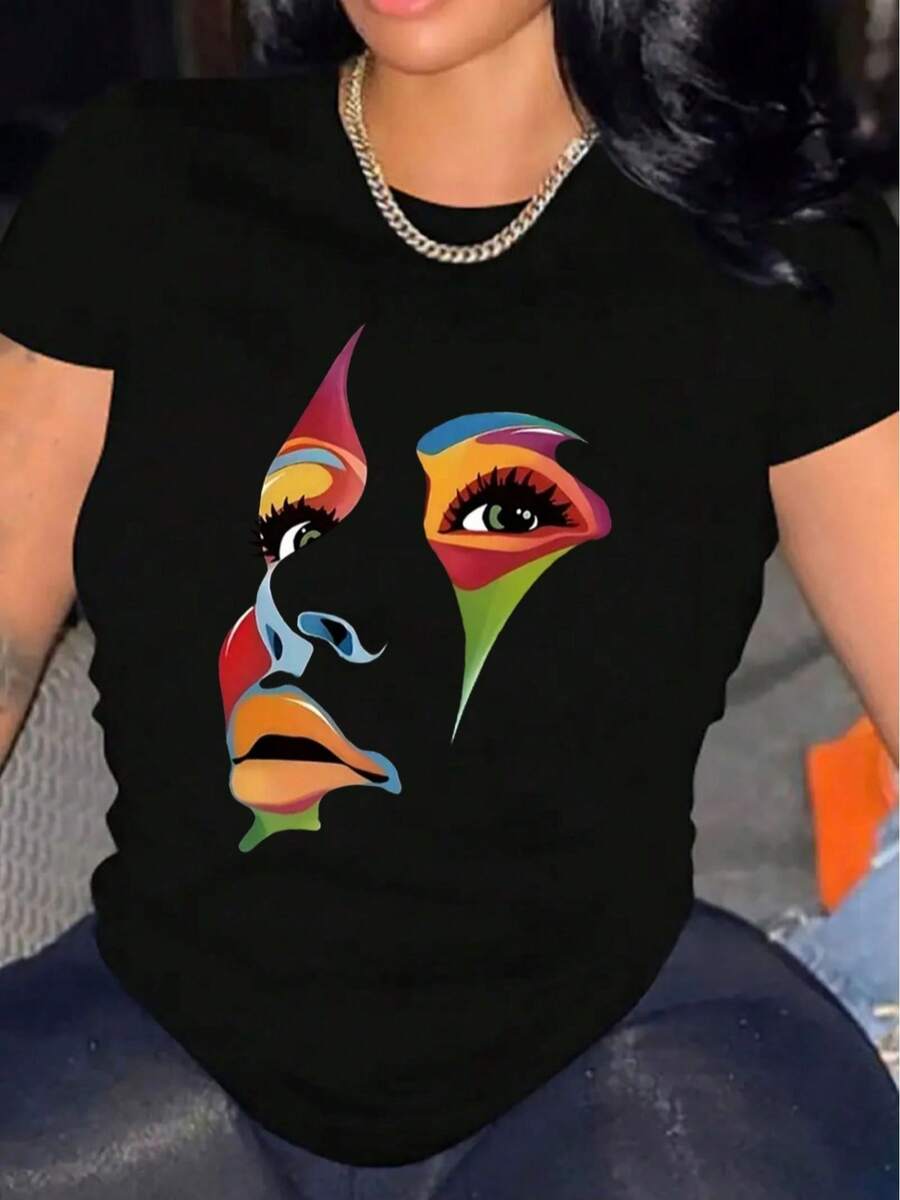 Women's Printed T-Shirt With Colorful Abstract Face Graphic Design - Casual Short-Sleeved Crew Neck T-Shirt, Relaxed Fit For All Seasons, Perfect For Everyday Wear And Holiday Outfits, Machine Washable. - 白色 - 查看 1