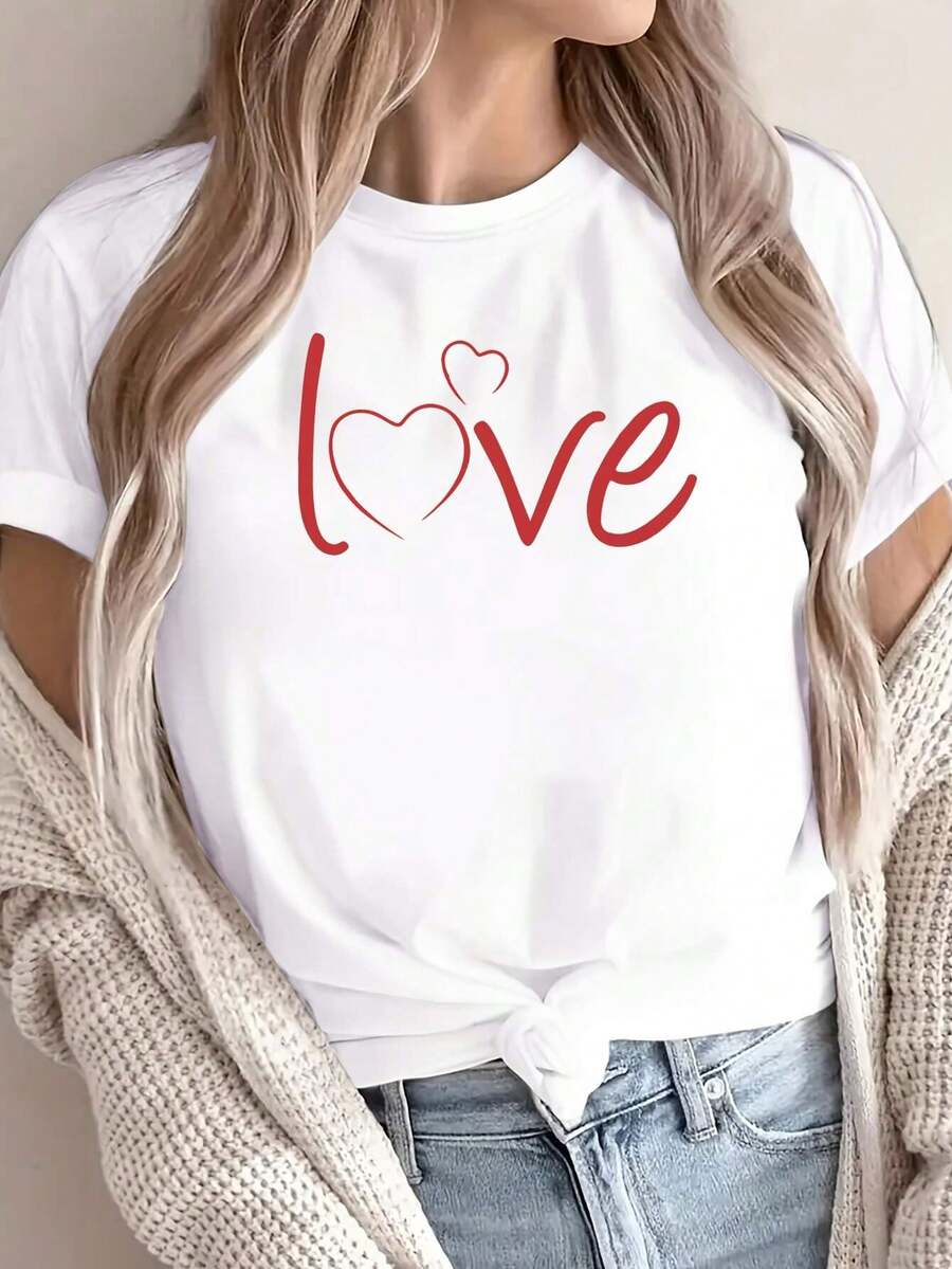 Ropa de invierno atlética y casual de una pieza para mujer, estilo casual con estampado de corazones para el Día de San Valentín, cuello redondo, manga corta, top de moda casual, ropa elegante para fiestas, ropa navideña, regalo de Navidad, ropa de otoño, material suave, camiseta estampada, ropa casual de gimnasio que absorbe la humedad. - Blanco - Ver 1