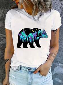 Camiseta con Estampado de Oso Polar para Mujer, Camiseta Casual con Estampado, Cuello Redondo, Manga Corta, Ropa de Mujerblusas para mujer>ropa - Blanco - Ver 1