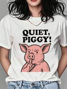 Camiseta Quiet Piggy con diseño gráfico de cerdo divertido, top casual para mujeres y hombres, camiseta unisex con diseño de animal porcino, perfecta para uso diario y como regalo humorístic - Blanco - Ver 6