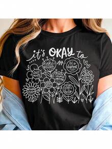 Una camiseta de mujer de manga corta, holgada, moderna, a la moda, retro y elegante, adecuada para actividades al aire libre en primavera y verano, con motivos florales bohemios, flores, temas inspiradores y motivadores, bondad, salud mental y afirmaciones positivas.Todos estos elementos son excelentes.blusas para mujer,blusas casuales para dama,tops,, mujer premium,y2k,playeras de mujer curvy,ofertas y liquidaciones ropa mujer,playeras deportivas para mujer,,playeras de hombre, mujer,blusas>elegante DK6C - Negro - Ver 8