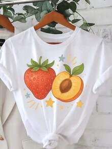 Size Strawberry And Peach Fruit Theme Print Tshirt S (2) Adecuado como regalo.playera de mujer.blusas>elegante.boho chic,Top de mujer suave, transpirable y cómodo, ideal para primavera, verano y otoño, perfecto para vacaciones, viajes y uso diario. - Blanco - Ver 1