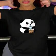 Women Black Cotton Round Neck Short Sleeve Panda Bubble Tea Graphic Tee Casual Regular Length T Shirt - 黑色 - 查看 1
