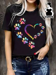 Plus Size Women's Casual Printed T-Shirt, Round Neck, Short Sleeve, Slightly Stretchy Fabric, Regular Fit, Comfortable Top For Women's Clothing In All Seasons - 黑色 - 查看 8
