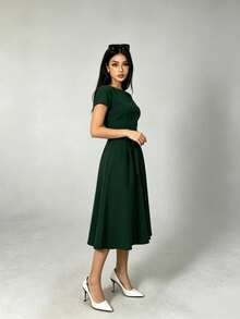 Vestido casual de mujer de cuello redondo y manga corta, vestido para mujer, vestido liso, vestido casual para el día a día, suave y cómodo. - Verde Niebla - Ver 6