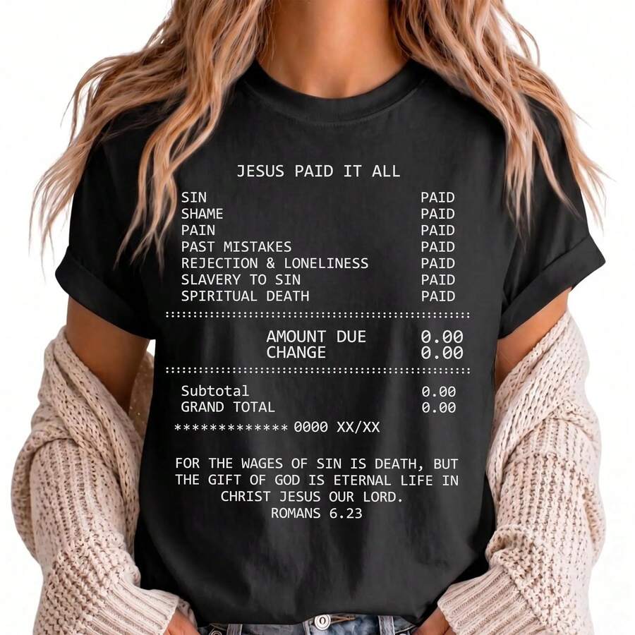 Women's Cotton Crew Neck Short Sleeve T-Shirt With "Jesus Paid It All" Print - Soft, Breathable, Casual, Unisex - Ideal For Summer, Religious Events, Casual College Style And Everyday Wear, And Versatile Urban Style. - 黑色 - 查看 1