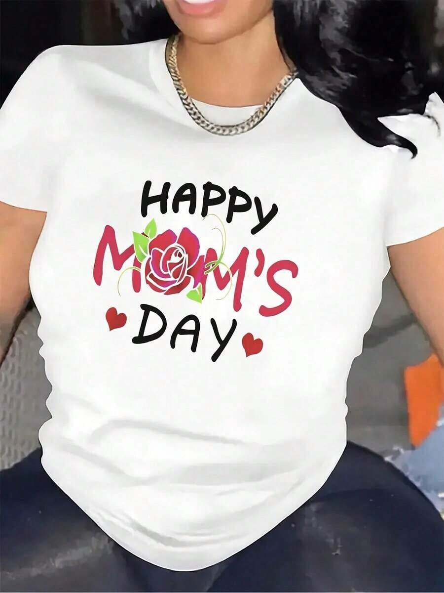 Polyester T-Shirt For Mother's Day, Ideal For Wearing In The Living Room Of The Home, Durable And Comfortable Fabric, Perfect Gift For Mothers, Elegant Design With Rose Print, Lightweight And Breathable Material, Suitable For Casual And Daily Wear. - 白色 - 查看 1
