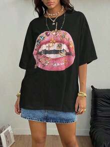 Women's Casual Loose Fit T-Shirt With "Fearless Lips" Print, Breathable And Comfortable, Short Sleeve, Round Neck, Bold Red Lips Design With Jewels, Soft Cotton, Perfect For Everyday Wear And Urban Style - 黑色 2 - 查看 5