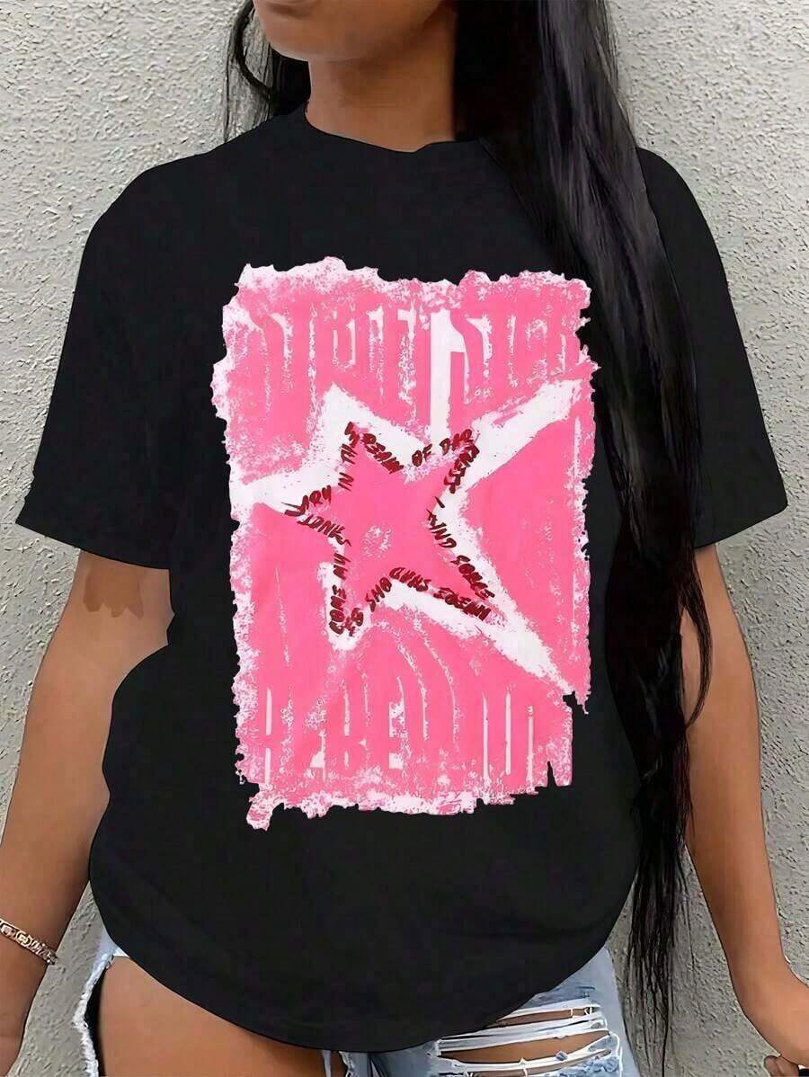 Women's Blouses. Weight: 180 Grams. Short-Sleeved T-Shirt, 100% Pure Cotton, With A "Star Pattern" Print On One Side. This Short-Sleeved T-Shirt Features A Vintage Hip-Hop And Y2K Street Culture Print, Making It Suitable For Valentine's Day In Spring, As A Gift For St. Patrick's Day In Summer, A New Year's Party Gift, And As An Essential Back-To-School Present. A Neutral T-Shirt. - 黑色 - 查看 1
