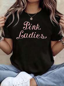 Women's Tops, Women's T-Shirts, Mother's Day, Casual Blouses For Ladies, Women's Tops, 2000s Style, Pink Ladies Retro T-Shirt - Vintage Cursive Slogan Short Sleeve Top With TV Show Icon, Not A Blouse, Suitable For Spring/Summer Casual Wear, Machine Washable Clothing For Movie Fans. - 黑色 - 查看 1