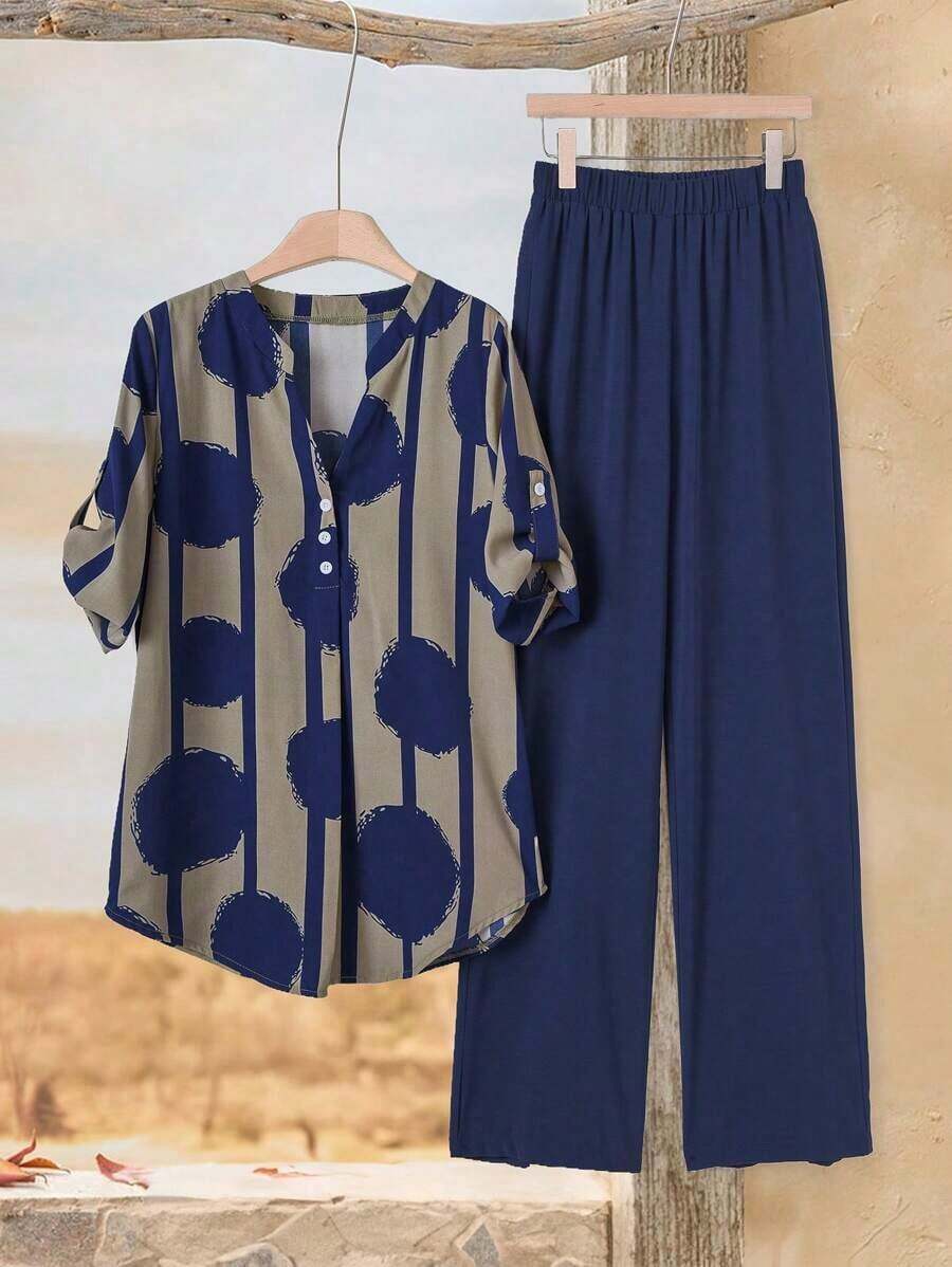 Conjunto informal de blusa de manga corta con cuello en V a rayas y pantalón de pierna ancha para mujer - Azul marino 2 - Ver 1