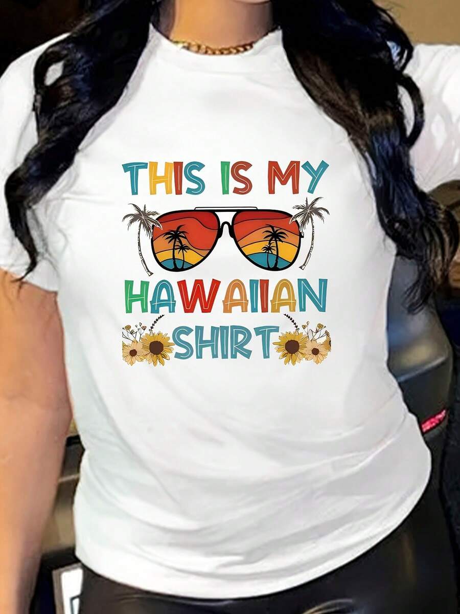 Blusa casual para mujer, camisa hawaiana, camiseta de talla grande | Camiseta tropical ligera de 188 g/m², estampada con el texto "This Is My Hawaiian Shirt", diseño de palmeras y gafas elegantes, suave y transpirable, ropa para vacaciones en la playa, estilo casual de verano, cuello redondo, tela ligeramente elástica, camisetas de algodón para mujer. - Blanco - Ver 1