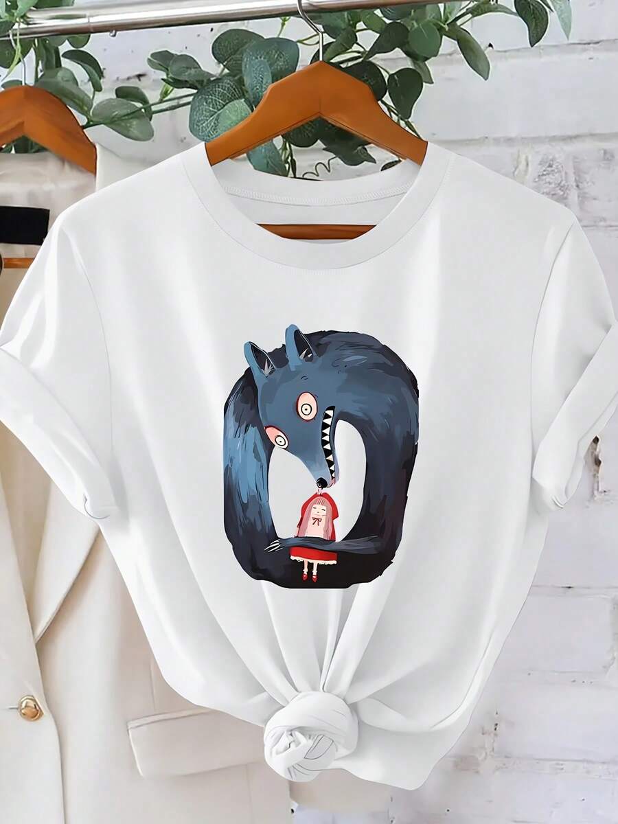 Women's T-Shirt With A Dark Style Wolf And Little Red Riding Hood Print, Short Sleeve Fantasy Mystery Style Spring/Summer 2026, Everyday Wear, Loose Fit Top, Versatile Fashion Design With A Dark Fairy Tale Theme, Women's Clothing Sizes S-XXL - 白色 - 查看 1