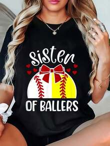 100% Cotton T-Shirt For Sisters Of Softball And Baseball Players, Round Neck, Printed, Short Sleeve, Casual For Daily Use, Excellent Gifts For Friends And Family, 100% Cotton T-Shirts, Youthful And Modern Design, Casual Blouses For Women. - 黑色 - 查看 1