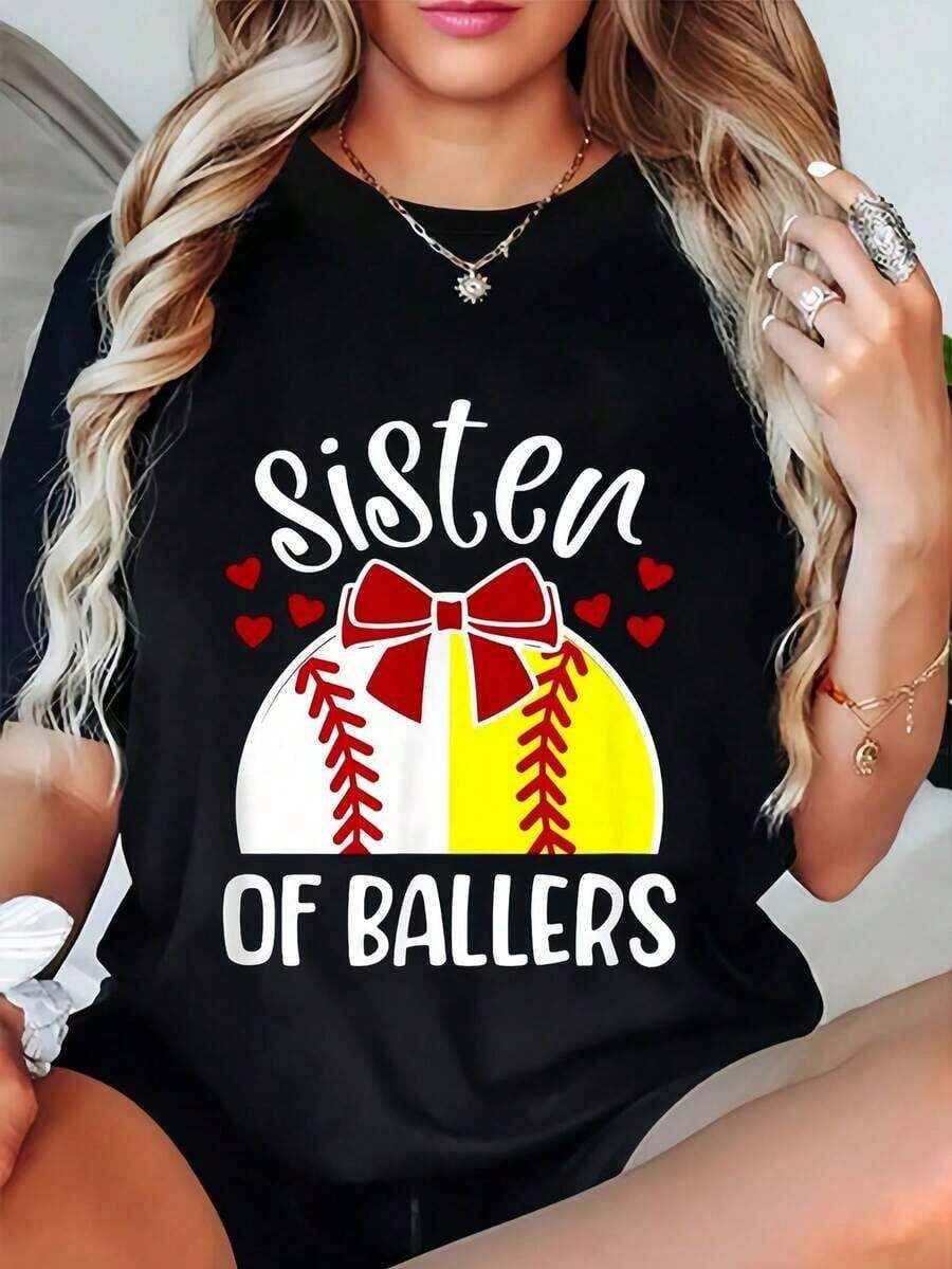 100% Cotton T-Shirt For Sisters Of Softball And Baseball Players, Round Neck, Printed, Short Sleeve, Casual For Daily Use, Excellent Gifts For Friends And Family, 100% Cotton T-Shirts, Youthful And Modern Design, Casual Blouses For Women. - 黑色 - 查看 1