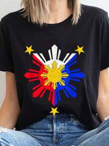 Unisex Casual T-Shirt For Men And Women With Philippine Flag Print, Sun And Stars, Round Neck, For Casual Wear, Travel And Cultural Events, Washable, Ideal For Daily Leisure, Parties And As A Gift. - 黑色 - 查看 1