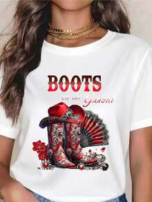 Premium Boots On The Ground Women's Western Cowboy Boots Graphic T-Shirt - Red Floral Design, Country Music Festival, Cowgirl Style, Holiday Gift, Casual Wear, Gift Idea - 白色 - 查看 1