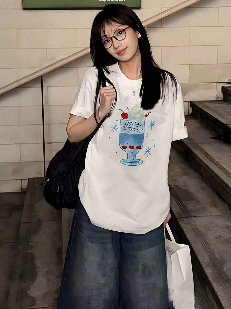 Women's Casual T-Shirt Style Y2K - Features An Artistic Design Of Blue Stars And Cherries, Round Neck, Short Sleeves, Regular Fit, Made Of Breathable Fabric, Suitable For Spring, Summer And Autumn, Urban Retro Style And Elegant, Unisex, Loose Fit, Pure Cotton Short Sleeve T-Shirt With Round Neck. - 白色 - 查看 1