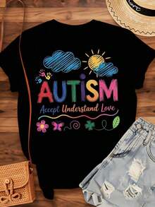 Women's Cotton T-Shirts, Autism Awareness T-Shirt, Colorful Accept, Understand And Love Design For Autism Support And Promotion, Perfect For Autism Awareness Month And Special Needs Events, Women's Basic Blouses. - 黑色 - 查看 3