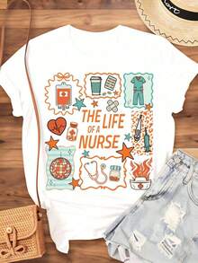Women's Cotton T-Shirts, "A Nurse's Life" T-Shirt, Gift For Nurses, Medical-Themed T-Shirt, Funny Nurse Clothing, For Healthcare Workers, Nurse Appreciation Day Gift, Women's Basic Blouses. - 白色 - 查看 3