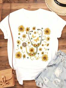 Women's Cotton Sunflower Stethoscope Nurse T-Shirt Medical Professional Flower Design Tee For Women Doctors Nurses Healthcare Workers Gift, Basic Women's Blouses - 白色 - 查看 3