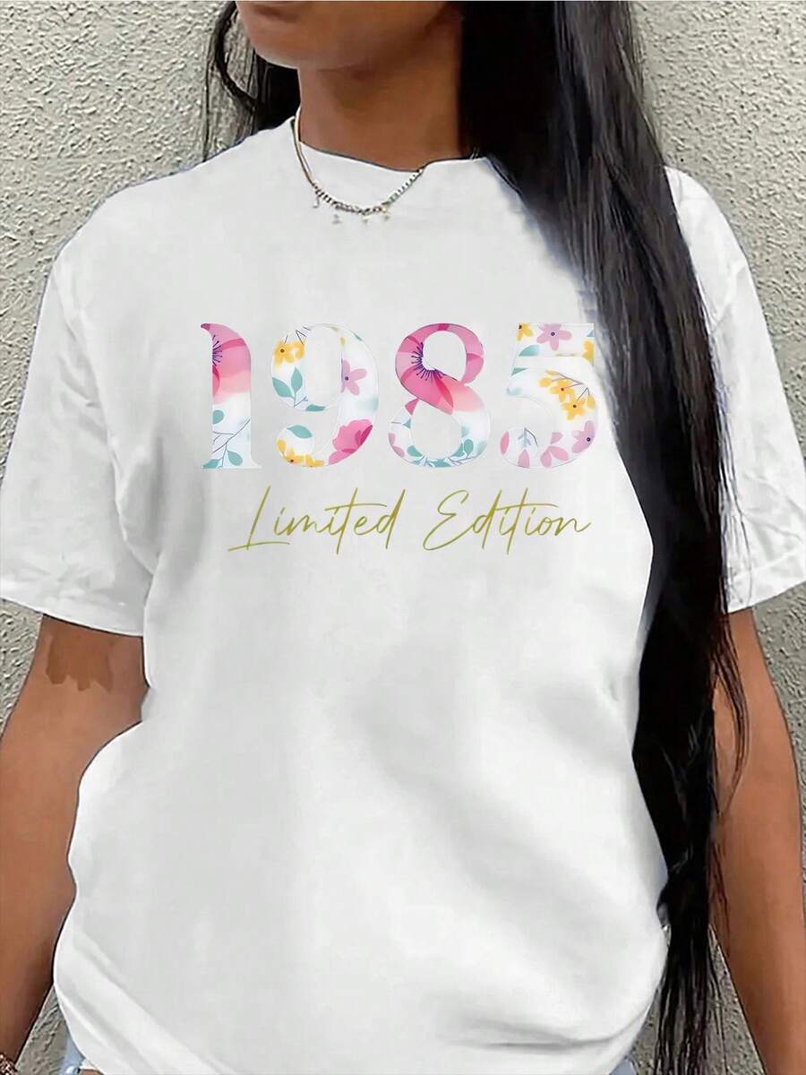 Women's Short-Sleeved T-Shirt, Limited Edition 1985, Ideal For Casual Outings, Home Or Dining, With A Bright Print Design, Made Of Soft And Durable Fabric, Perfect For Everyday Wear - 白色 - 查看 1