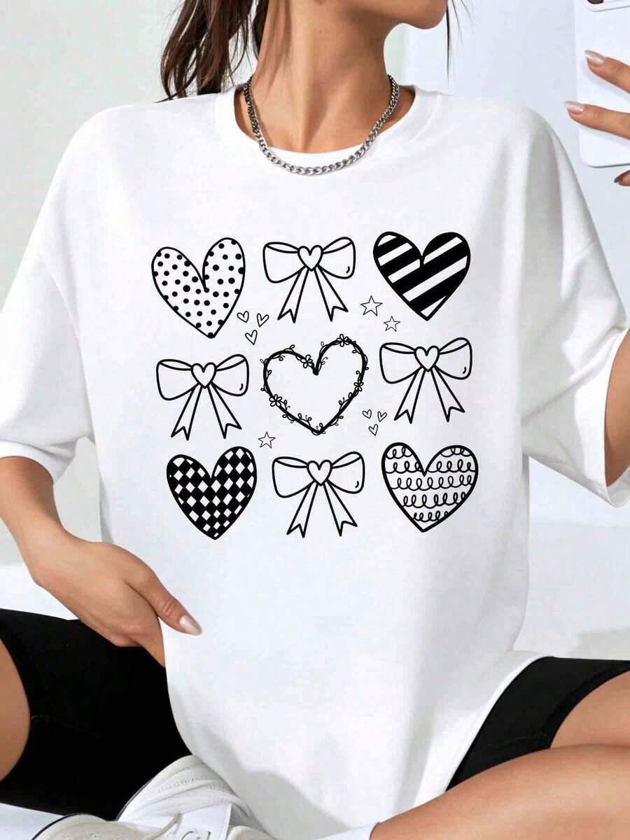 Women's Oversized T-Shirt With Heart And Bow Print, Casual Style, Loose Fit, Graphic Tee, Fashion Top For Valentine's Day, Summer Clothing - 白色 - 查看 1