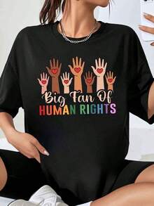 Women's "Big Human Rights Fan" T-Shirt, Rainbow Pride, Diversity, Equality, Activism, Casual Top For Human Rights Awareness Events And Celebrations - Black - View 1