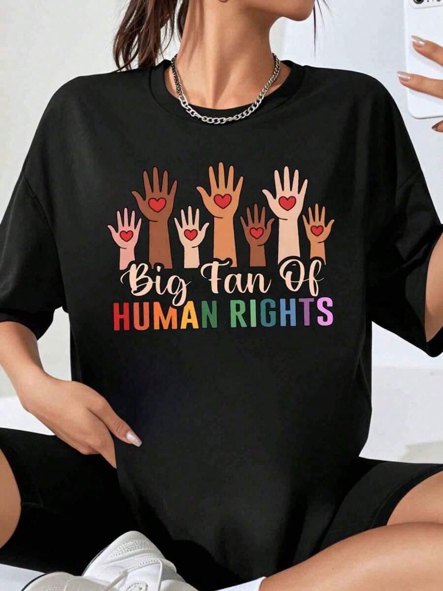 Women's "Big Human Rights Fan" T-Shirt, Rainbow Pride, Diversity, Equality, Activism, Casual Top For Human Rights Awareness Events And Celebrations - Black - View 1
