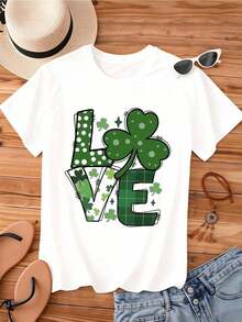 Mexican Women's Crew Neck T-Shirt With Shamrock Print And Text, Short Sleeve, For St. Patrick's Day Celebration, Party Wear, Summer Fashion Cotton T-Shirt - 黑色 - 查看 8