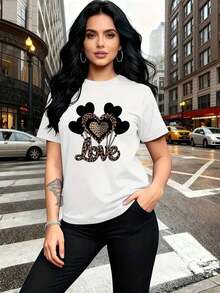 Women's Cotton Crew Neck Casual Graphic Tees: Wild And Soft Coexistence, And Heart-Shaped Balloon Pattern With Leopard Print. Women's Short Sleeve Crew Neck T-Shirt, Modern And Casual, Easy And Versatile For Leisure, Travel, And Vacations. 134191 100% Cotton. Simple T-Shirt For Everyday Wear - 白色 - 查看 5