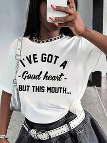 Women's Casual Top. Short-Sleeved T-Shirt With A Unique And Stylish Letter Print And A Round Neck, Ideal For Spring And Summer. A Must-Have For Everyday Casual Wear. - 黑色 - 查看 7
