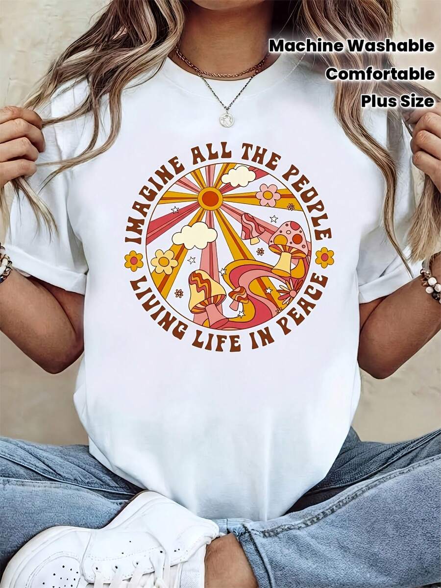 Size T-Shirt, With Text Print IMAGINE ALL PEOPLE LIVING LIFE IN PEACE, White Short-Sleeved Round Neck T-Shirt, Machine Washable, Casual Style, Comfortable Fit, Modern Design, Versatile For Everyday Use, Soft Fabric, Modern Style - Unisex Loose Cotton Short-Sleeved Round Neck T-Shirt, Urban Vintage Style. - 白色 - 查看 1