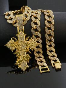 1pc Fully Rhinestoned Woven Cross Pendant, Designed For Men, Hip Hop Style Accessory, Street Fashion - Cross Pendant Necklace - View 9