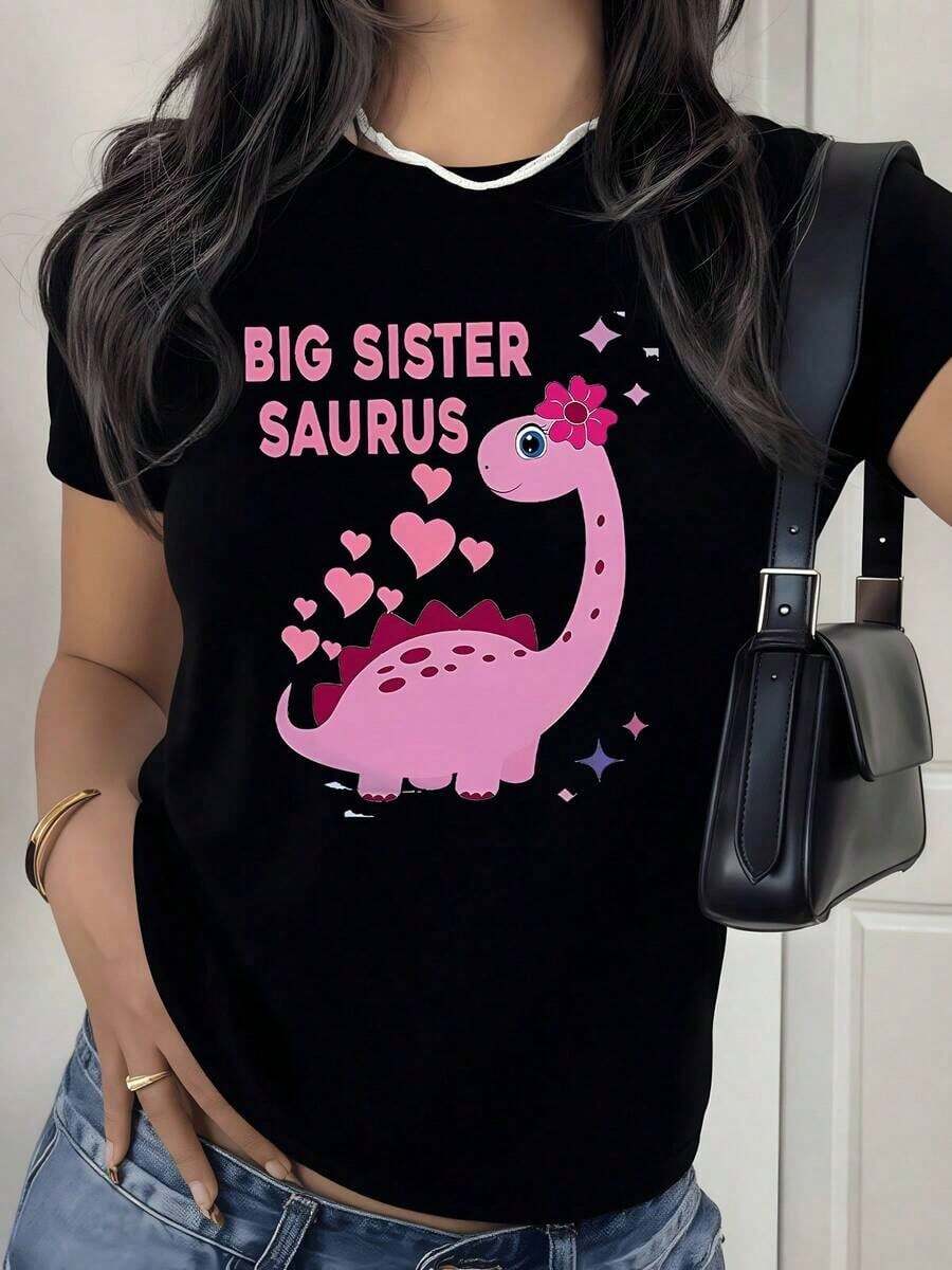 100% Cotton With Digital Print Pink Dinosaur With Hearts. Women's T-Shirt With Round Neck, Fun Big Sister Theme, 220 Grams, 1 Unit. 100% Cotton, Cheerful Style, Casual Design. Women's Simple Solid Color T-Shirt, Loose And Slim Fit Casual Short Sleeve - 黑色 - 查看 1