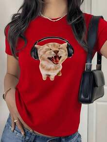 100% Cotton. Smiling Cat With Headphones Symbolizing Love For Music And Positive Energy. Women's T-Shirt. 100% Cotton, Comfortable And Casual. Women's Simple Solid Color T-Shirt, Loose And Slim Fit Casual Short Sleeve - 紅色的 - 查看 8
