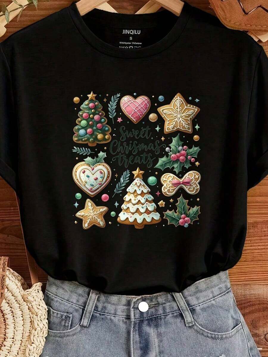 Women's T-Shirts With Christmas Cupcake Graffiti Print 2026, Casual Round Neck Short Sleeve T-Shirts, Korean Summer Fashion, Cotton Tops For Ladies, Cool Summer Clothes For Women - 黑色 4 - 查看 1